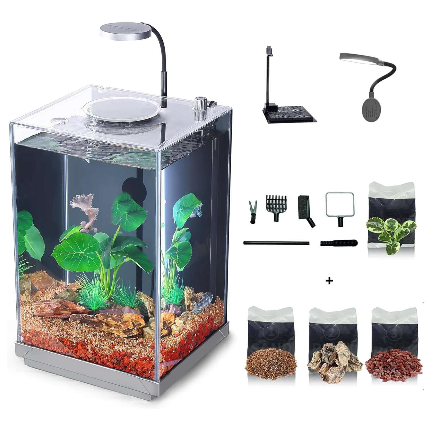 Kit Acuario de vidrio sin borde 2-3 galones (20x18x30 cm). Filtro inferior oculto ultra silencioso, luz LED brillante, grava, rocas y plantas artificiales para acuarios bettas.