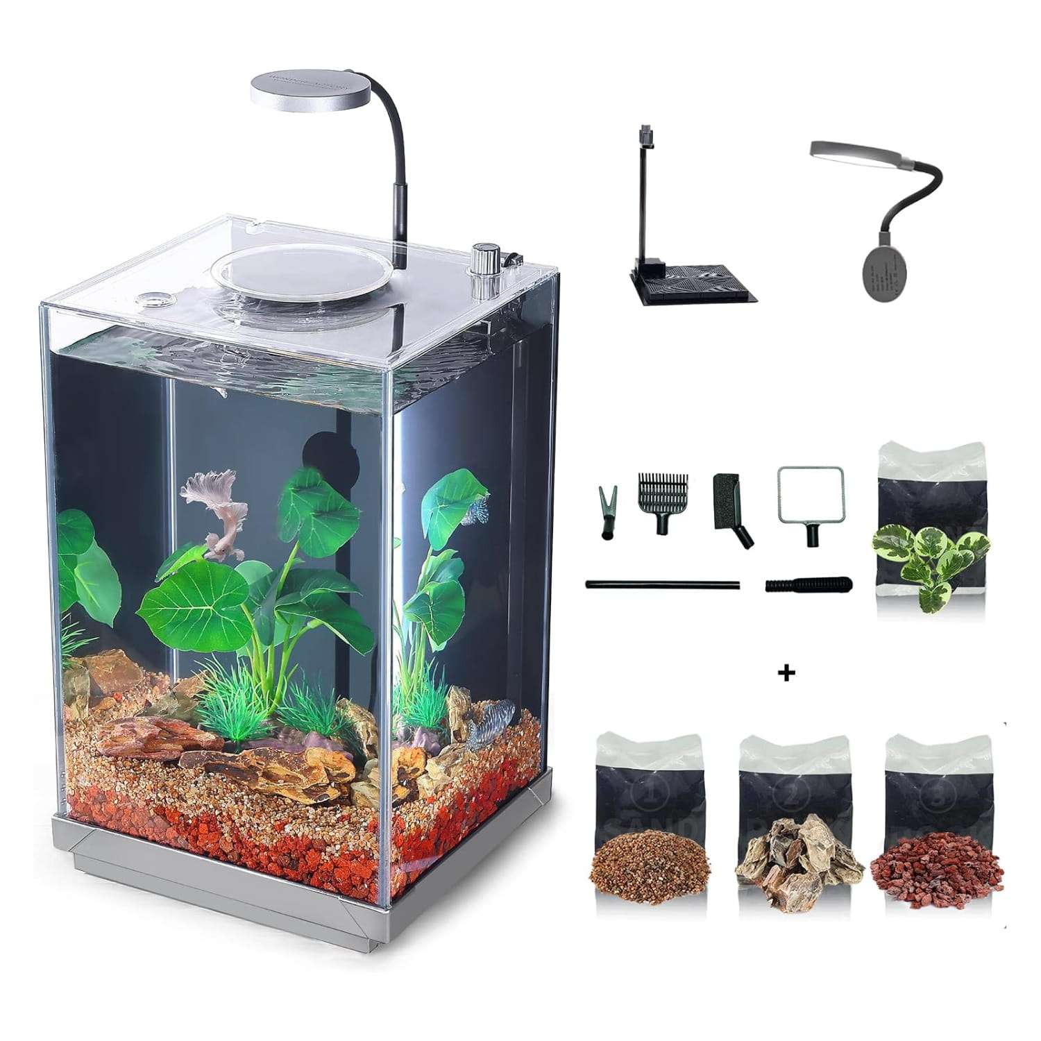 Kit Acuario de vidrio sin borde 2-3 galones (20x18x30 cm). Filtro inferior oculto ultra silencioso, luz LED brillante, grava, rocas y plantas artificiales para acuarios bettas.
