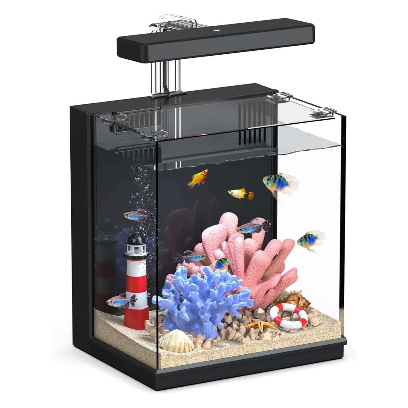 Acuario inteligente de vidrio HD 2 galones (17x22x25 cm) con sistema patentado de cambio rápido de agua. Incluye filtración fuerte y luz LED integrada para acuarios betta.