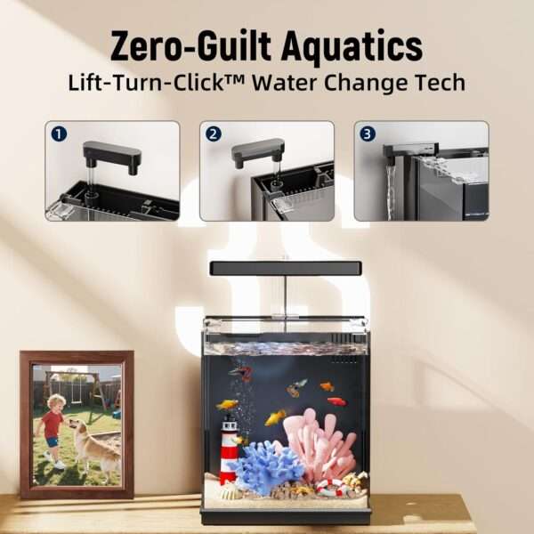 Acuario inteligente de vidrio HD 2 galones (17x22x25 cm) con sistema patentado de cambio rápido de agua. Incluye filtración fuerte y luz LED integrada para acuarios betta.