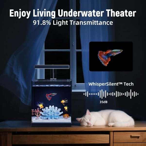 Acuario inteligente de vidrio HD 2 galones (17x22x25 cm) con sistema patentado de cambio rápido de agua. Incluye filtración fuerte y luz LED integrada para acuarios betta.