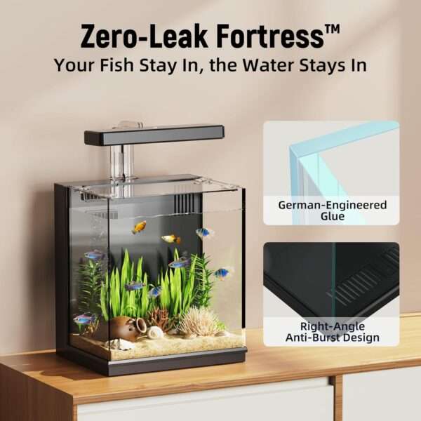 Acuario inteligente de vidrio HD 2 galones (17x22x25 cm) con sistema patentado de cambio rápido de agua. Incluye filtración fuerte y luz LED integrada para acuarios betta.