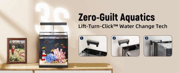 Acuario inteligente de vidrio HD 2 galones (17x22x25 cm) con sistema patentado de cambio rápido de agua. Incluye filtración fuerte y luz LED integrada para acuarios betta.