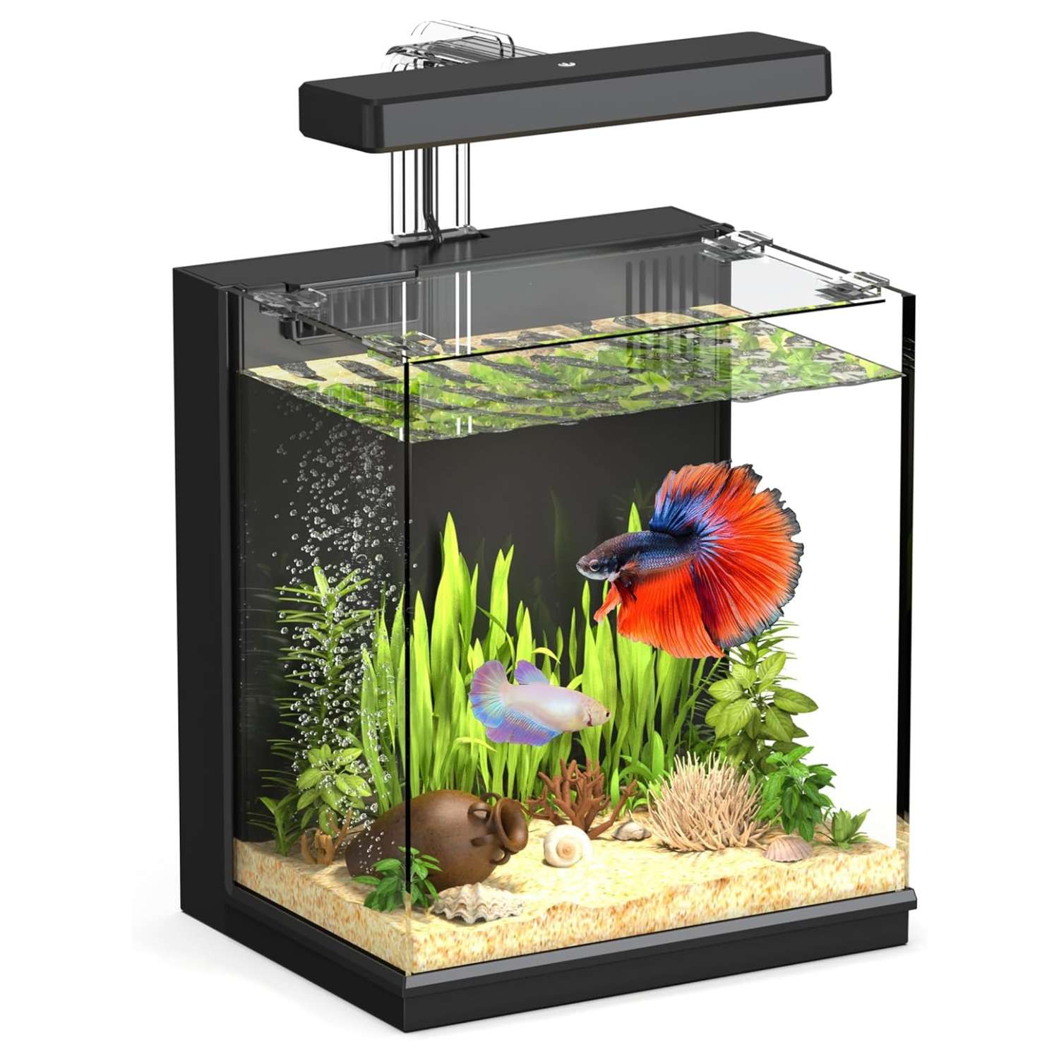 Acuario inteligente de vidrio HD 2 galones (17x22x25 cm) con sistema patentado de cambio rápido de agua. Incluye filtración fuerte y luz LED integrada para acuarios betta.