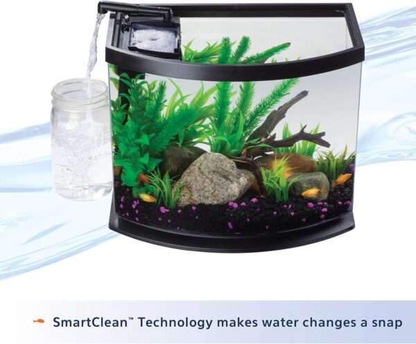 Acuario de inicio completo (36x25x34 cm) con sistema de auto-limpieza patentado. Incluye filtro de potencia, campana y base elevada. Ideal para principiantes.
