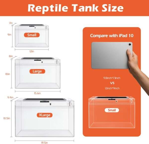 Un kit completo de inicio para reptiles, mostrando un terrario de policarbonato, una lámpara, pinzas y otros 5 accesorios esenciales.