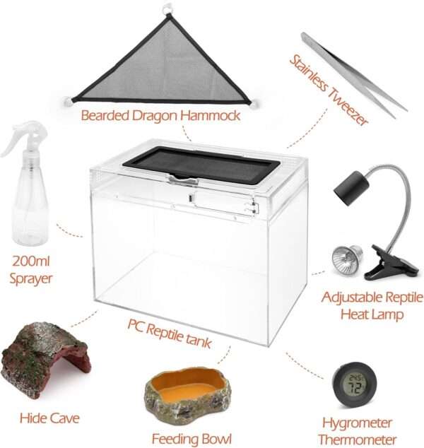 Un kit completo de inicio para reptiles, mostrando un terrario de policarbonato, una lámpara, pinzas y otros 5 accesorios esenciales.