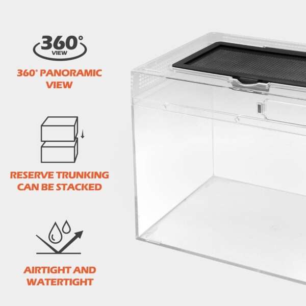 Un kit completo de inicio para reptiles, mostrando un terrario de policarbonato, una lámpara, pinzas y otros 5 accesorios esenciales.