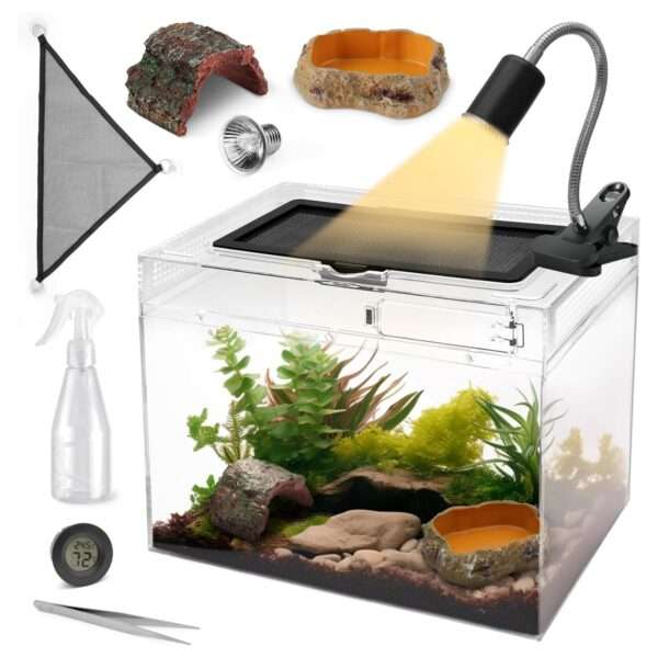 Un kit completo de inicio para reptiles, mostrando un terrario de policarbonato, una lámpara, pinzas y otros 5 accesorios esenciales.