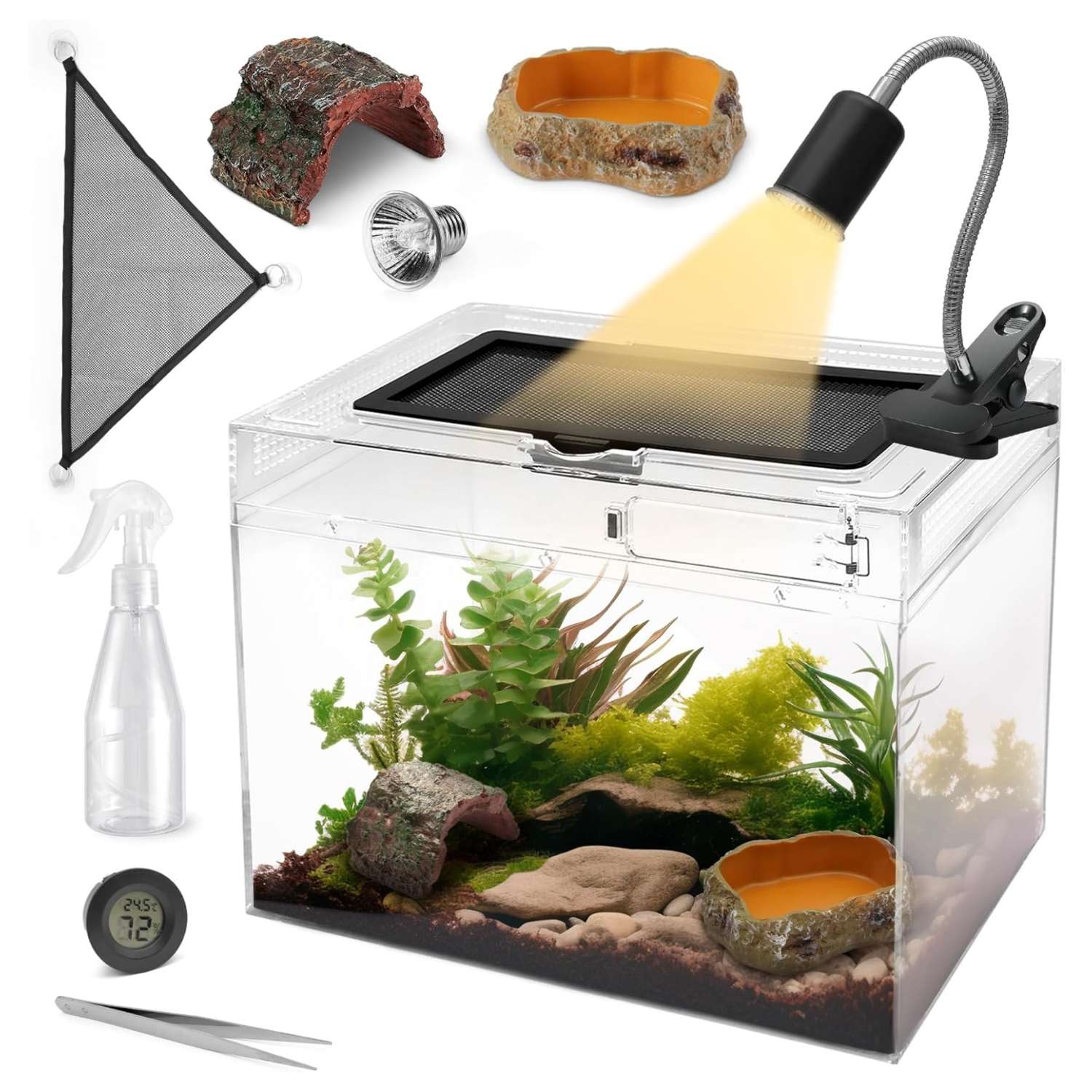 Un kit completo de inicio para reptiles, mostrando un terrario de policarbonato, una lámpara, pinzas y otros 5 accesorios esenciales.