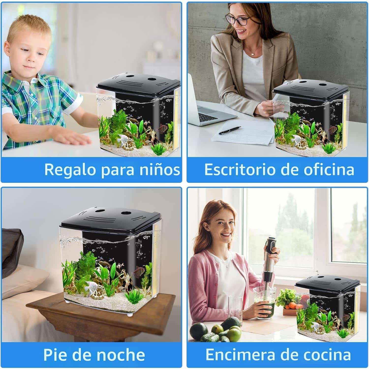 Mini pecera de escritorio 1.2 galones (20x13x18 cm) con tapa y luz LED. Incluye filtro de agua y plantas artificiales. Ideal para peces betta, caracoles y principiantes.