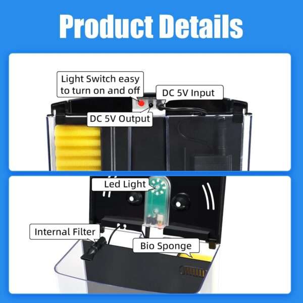 Mini pecera de escritorio 1.2 galones (20x13x18 cm) con tapa y luz LED. Incluye filtro de agua y plantas artificiales. Ideal para peces betta, caracoles y principiantes.