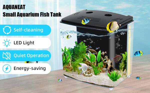 Mini pecera de escritorio 1.2 galones (20x13x18 cm) con tapa y luz LED. Incluye filtro de agua y plantas artificiales. Ideal para peces betta, caracoles y principiantes.