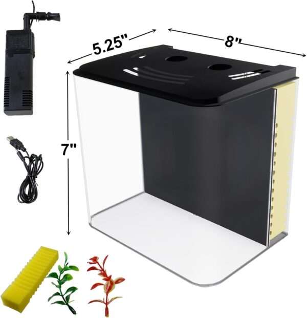 Mini pecera de escritorio 1.2 galones (20x13x18 cm) con tapa y luz LED. Incluye filtro de agua y plantas artificiales. Ideal para peces betta, caracoles y principiantes.