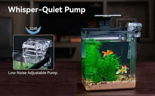 Pecera de inicio de plástico PET de 1.5 galones (22x15x25 cm). Incluye bomba silenciosa, luz LED tricolor USB y planta de plástico. Ideal para peces beta.