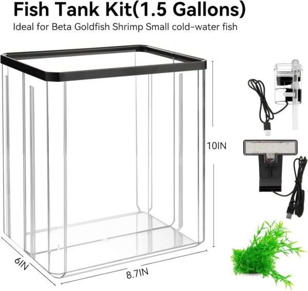 Pecera de inicio de plástico PET de 1.5 galones (22x15x25 cm). Incluye bomba silenciosa, luz LED tricolor USB y planta de plástico. Ideal para peces beta.