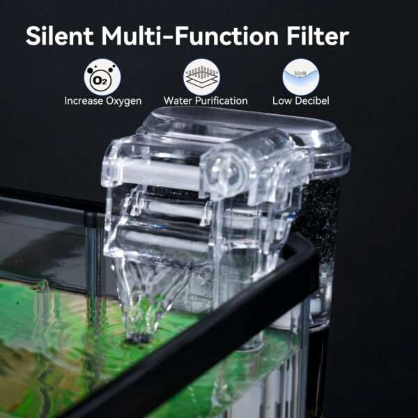 Pecera de inicio de plástico PET de 1.5 galones (22x15x25 cm). Incluye bomba silenciosa, luz LED tricolor USB y planta de plástico. Ideal para peces beta.