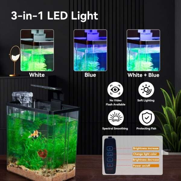 Pecera de inicio de plástico PET de 1.5 galones (22x15x25 cm). Incluye bomba silenciosa, luz LED tricolor USB y planta de plástico. Ideal para peces beta.