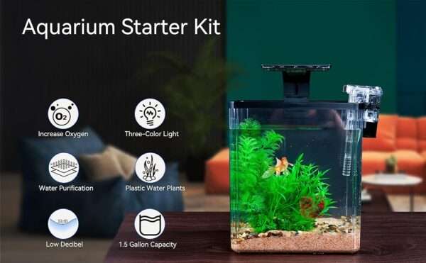 Pecera de inicio de plástico PET de 1.5 galones (22x15x25 cm). Incluye bomba silenciosa, luz LED tricolor USB y planta de plástico. Ideal para peces beta.
