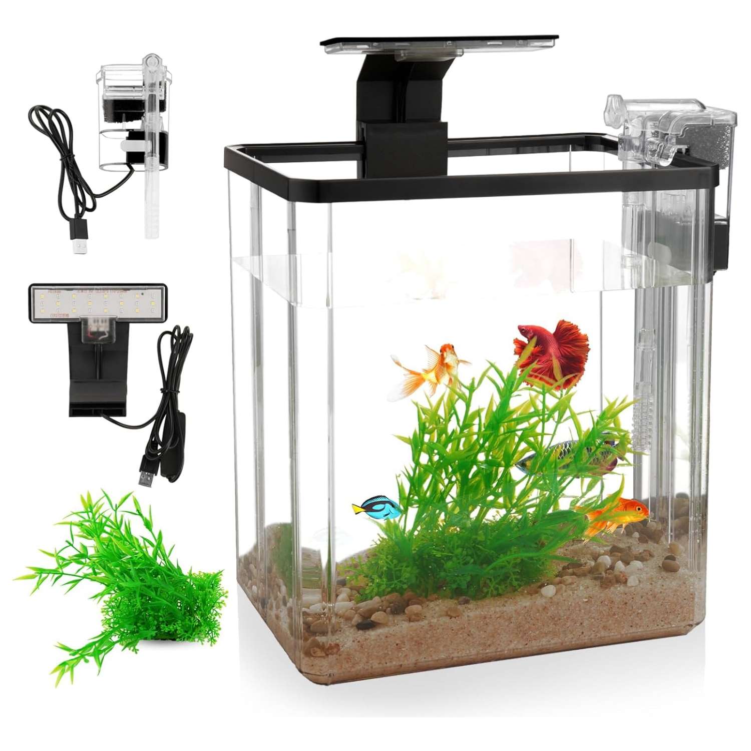Pecera de inicio de plástico PET de 1.5 galones (22x15x25 cm). Incluye bomba silenciosa, luz LED tricolor USB y planta de plástico. Ideal para peces beta.