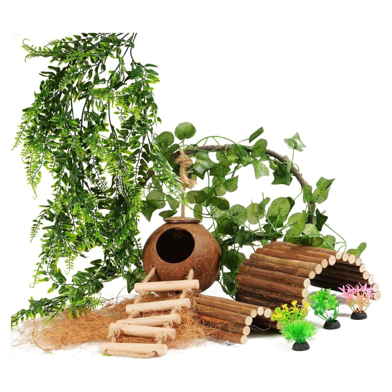Kit de 10 accesorios para terrario de reptiles, con cabaña de coco natural, puente flexible y enredaderas decorativas.