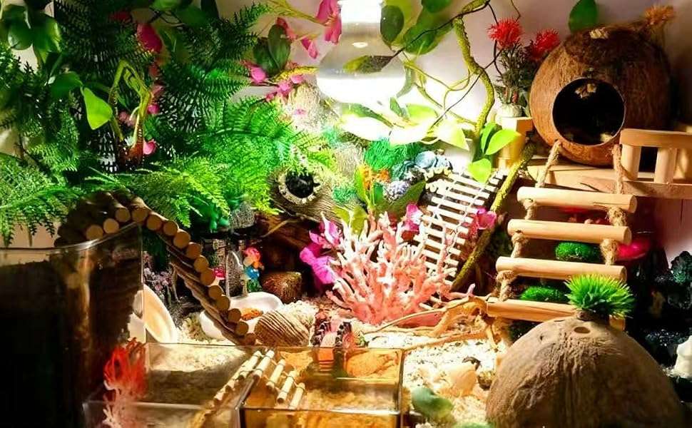 Kit de 10 accesorios para terrario de reptiles, con cabaña de coco natural, puente flexible y enredaderas decorativas.