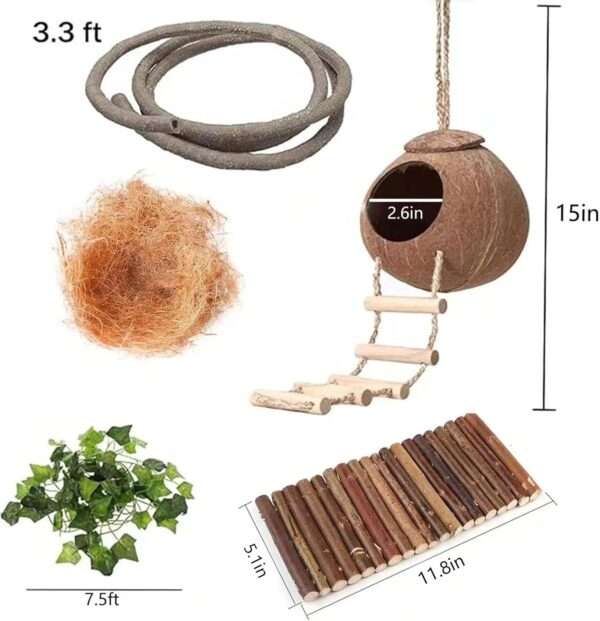 Kit de 10 accesorios para terrario de reptiles, con cabaña de coco natural, puente flexible y enredaderas decorativas.