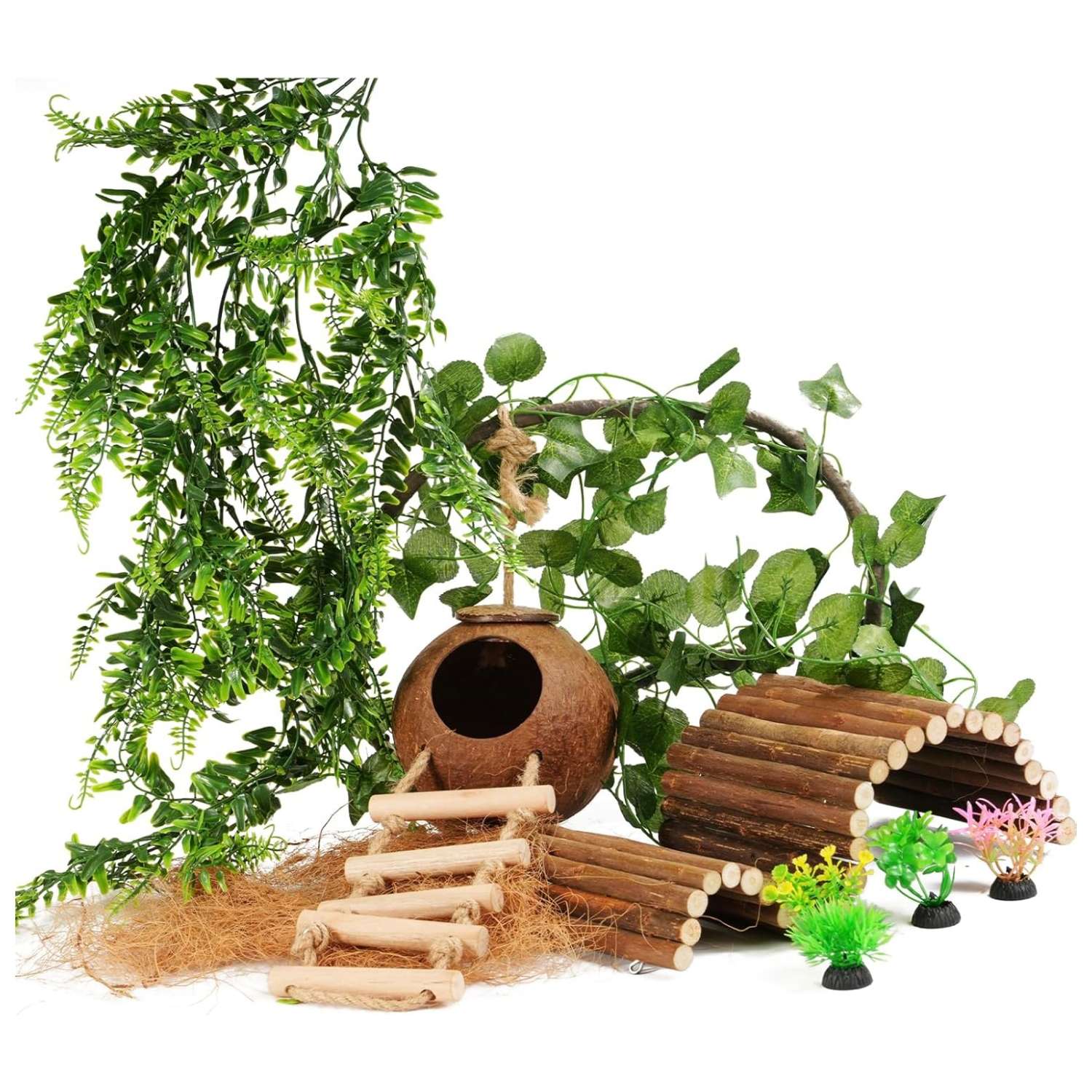 Kit de 10 accesorios para terrario de reptiles, con cabaña de coco natural, puente flexible y enredaderas decorativas.
