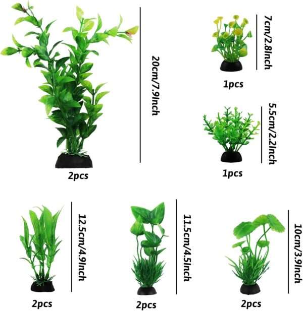 Kit de 10 plantas artificiales verdes para acuario con base pesada, incluye tamaños de 12 cm a 20 cm.