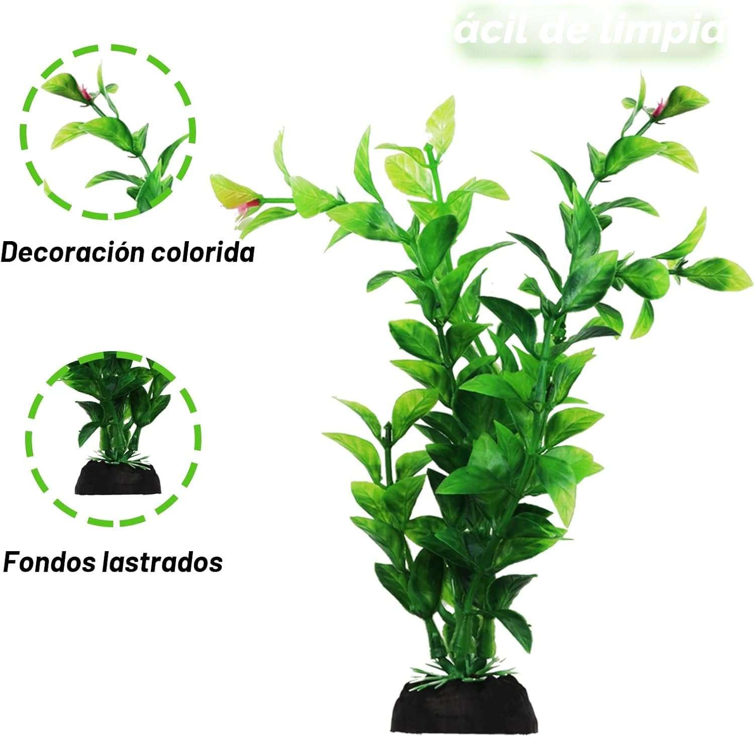 Kit de 10 plantas artificiales verdes para acuario con base pesada, incluye tamaños de 12 cm a 20 cm.