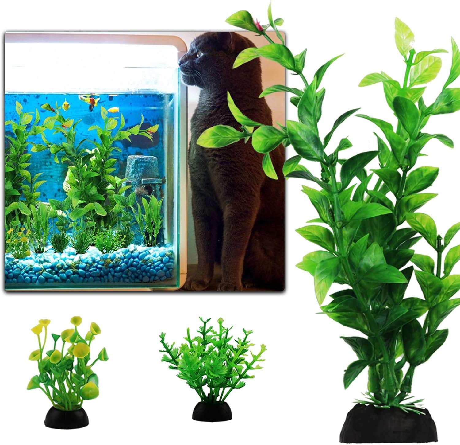 Kit de 10 plantas artificiales verdes para acuario con base pesada, incluye tamaños de 12 cm a 20 cm.