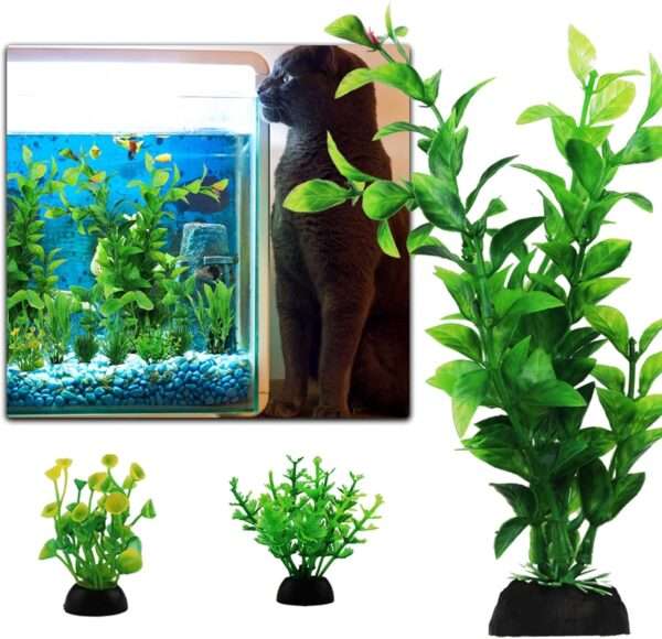 Kit de 10 plantas artificiales verdes para acuario con base pesada, incluye tamaños de 12 cm a 20 cm.
