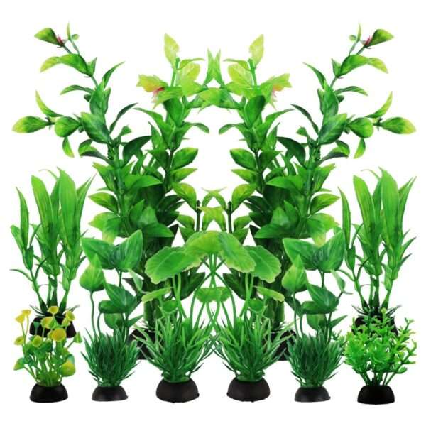 Kit de 10 plantas artificiales verdes para acuario con base pesada, incluye tamaños de 12 cm a 20 cm.