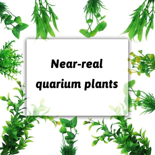 Kit de 10 plantas artificiales verdes para acuario con base pesada, incluye tamaños de 12 cm a 20 cm.