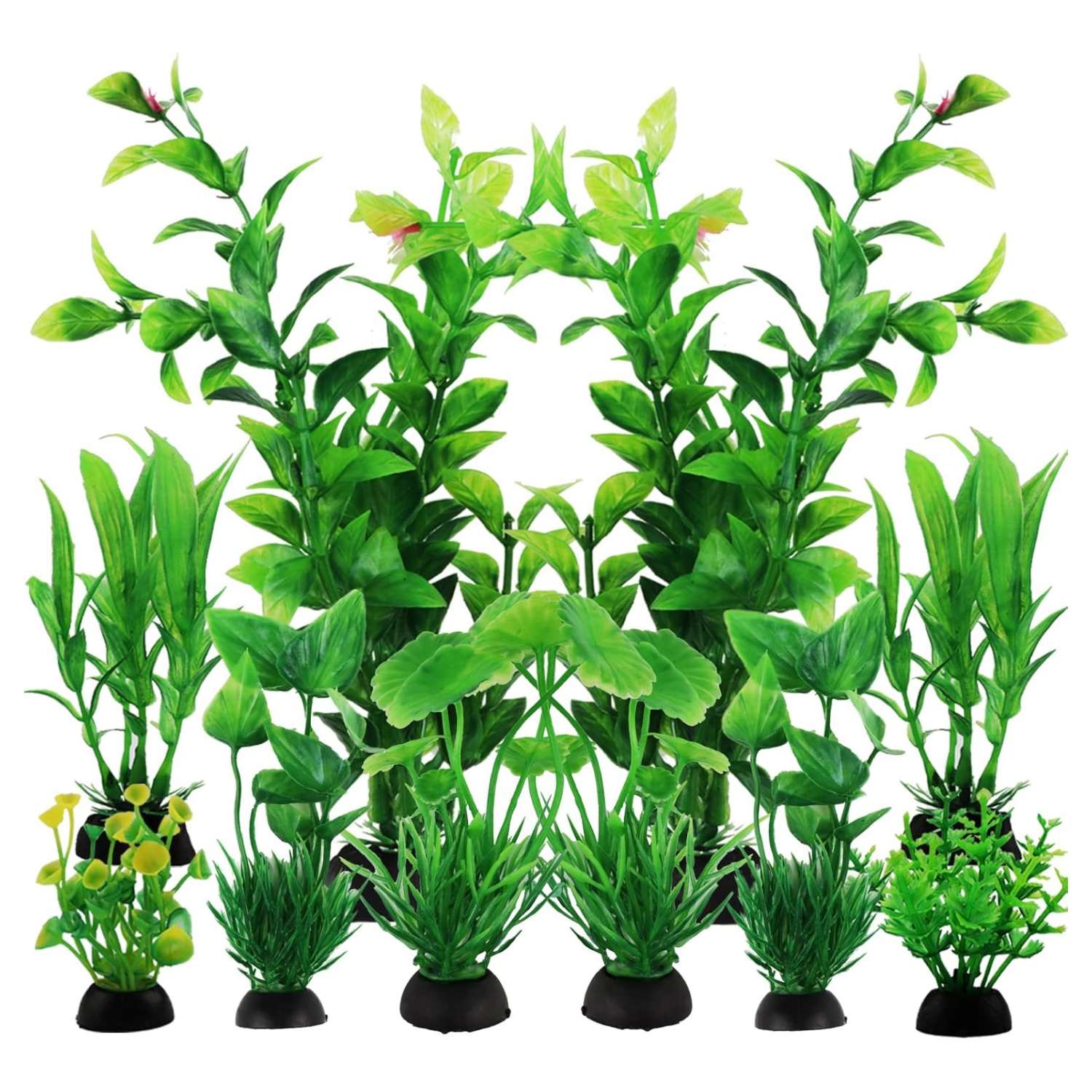 Kit de 10 plantas artificiales verdes para acuario con base pesada, incluye tamaños de 12 cm a 20 cm.