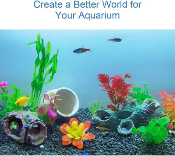 Kit de 12 decoraciones para acuario: tronco, barril, estrella de mar y 9 plantas artificiales suaves.