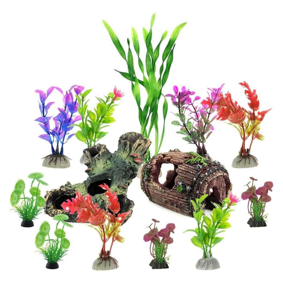 Kit de 12 decoraciones para acuario: tronco, barril, estrella de mar y 9 plantas artificiales suaves.
