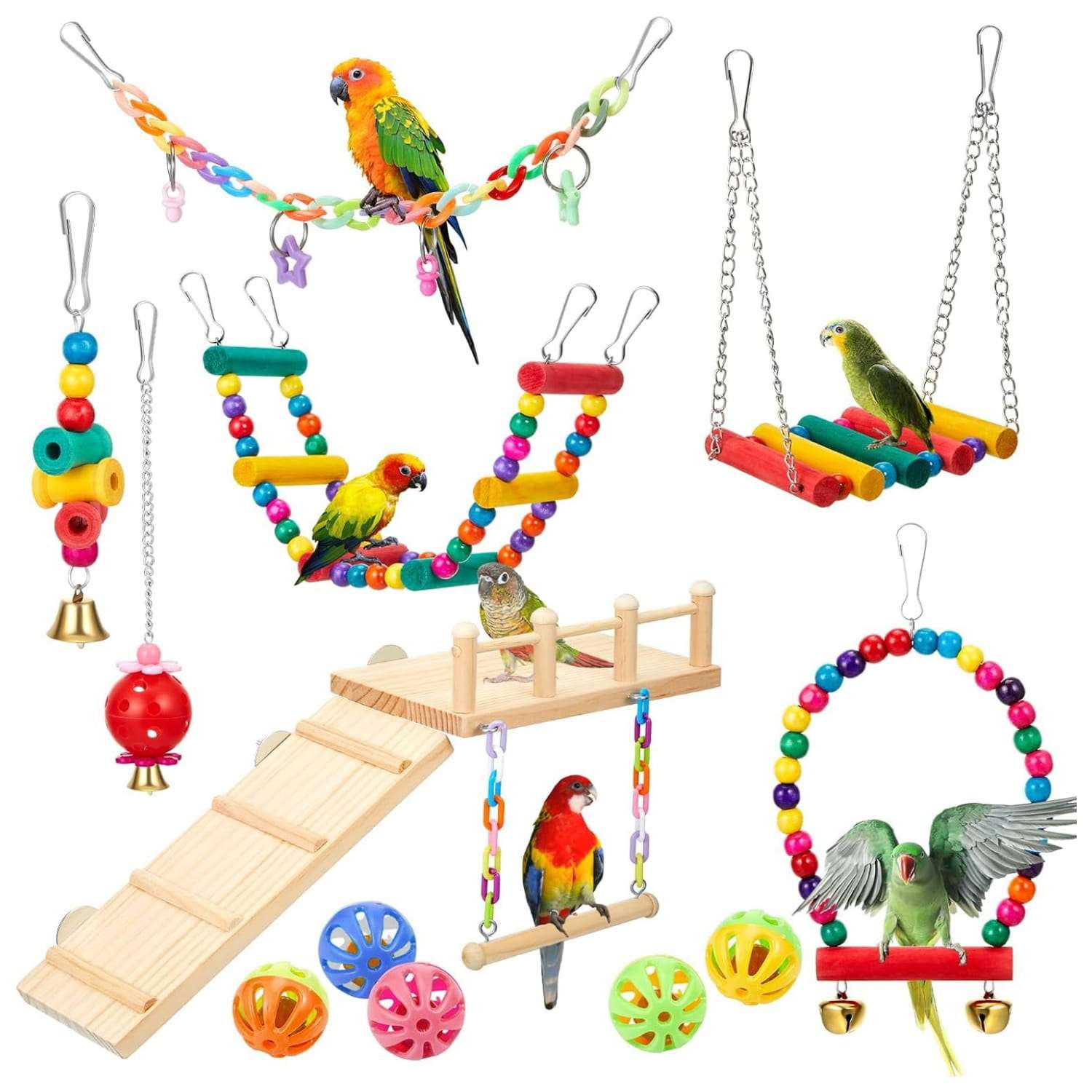 Juguetes para jaula de loros. Un kit de 12 piezas de madera con escaleras, columpios y perchas.