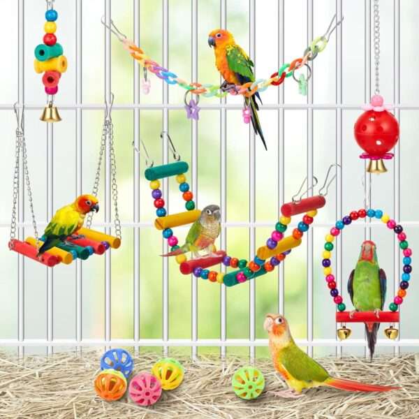 Juguetes para jaula de loros. Un kit de 12 piezas de madera con escaleras, columpios y perchas.