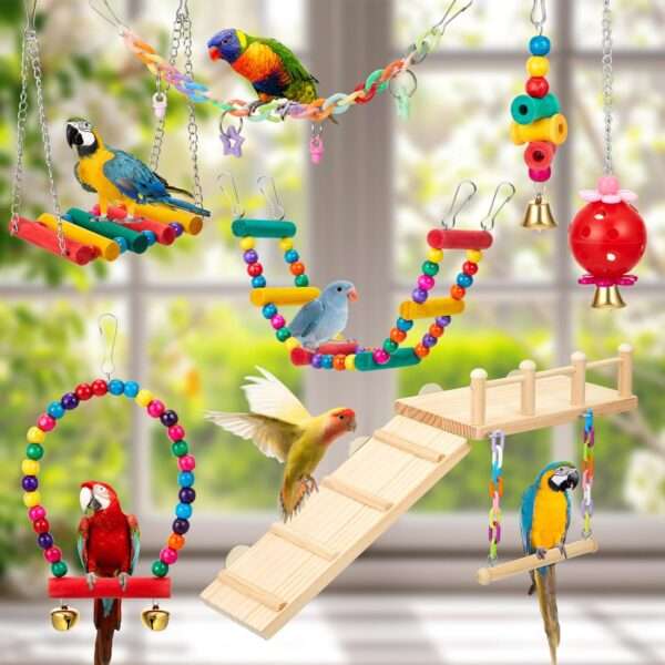 Juguetes para jaula de loros. Un kit de 12 piezas de madera con escaleras, columpios y perchas.