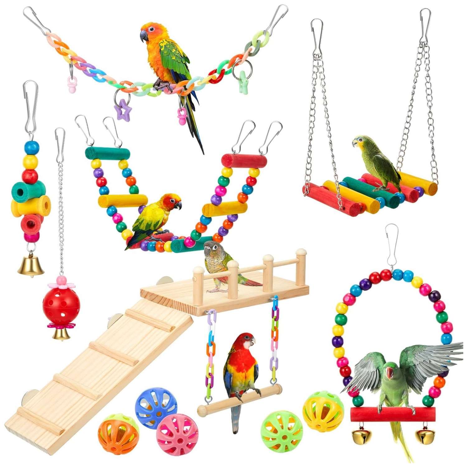 Juguetes para jaula de loros. Un kit de 12 piezas de madera con escaleras, columpios y perchas.