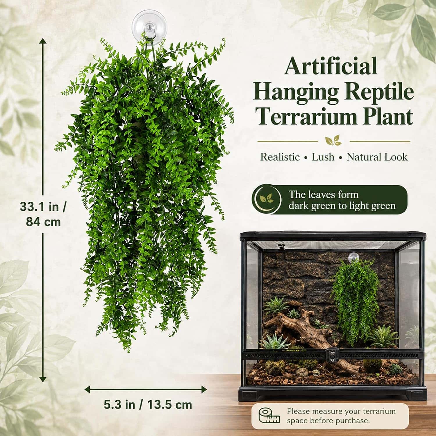 Kit de 2 vides artificiales largas (84 cm) con hojas de seda suave y ventosa para decorar terrarios.
