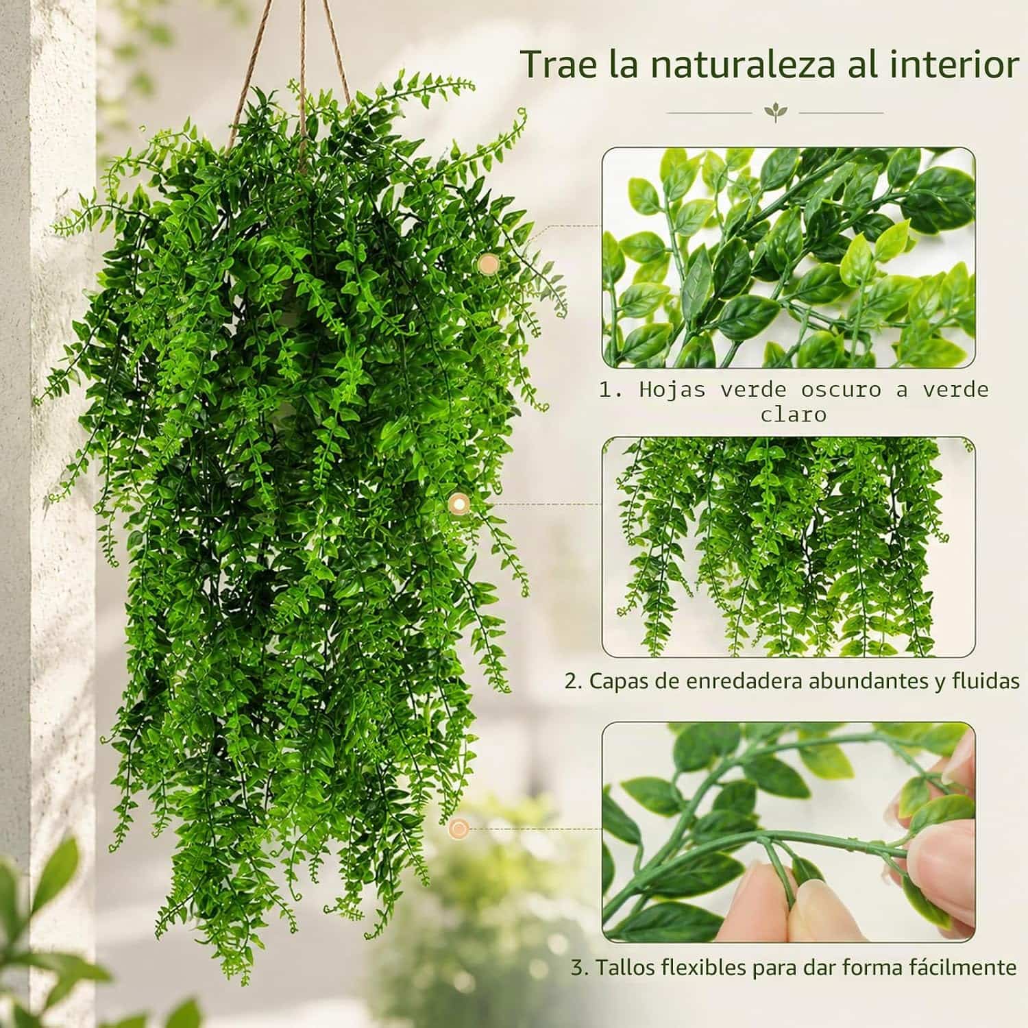 Kit de 2 vides artificiales largas (84 cm) con hojas de seda suave y ventosa para decorar terrarios.