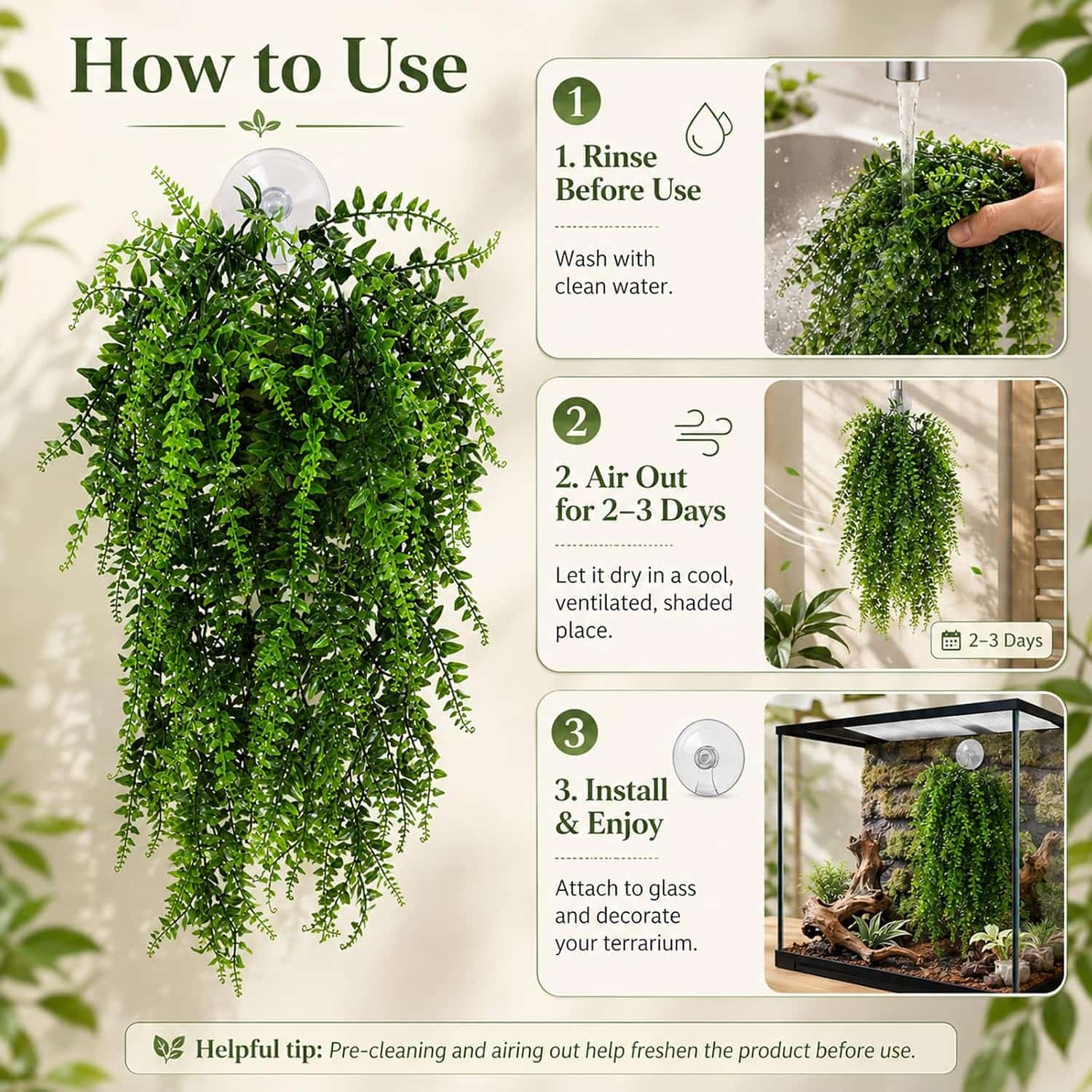 Kit de 2 vides artificiales largas (84 cm) con hojas de seda suave y ventosa para decorar terrarios.