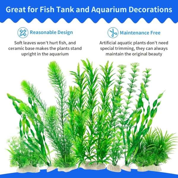 Kit de 20 plantas artificiales verdes (5 a 30 cm) con base de cerámica para acuarios grandes.