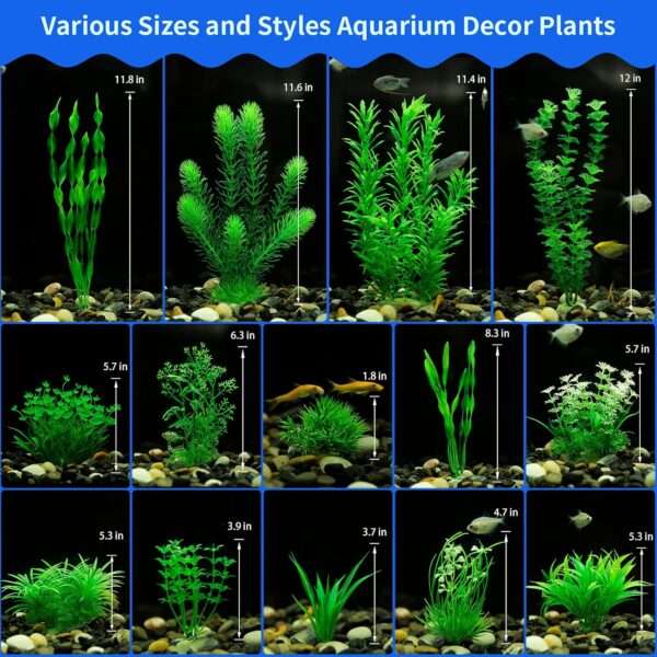 Kit de 20 plantas artificiales verdes (5 a 30 cm) con base de cerámica para acuarios grandes.