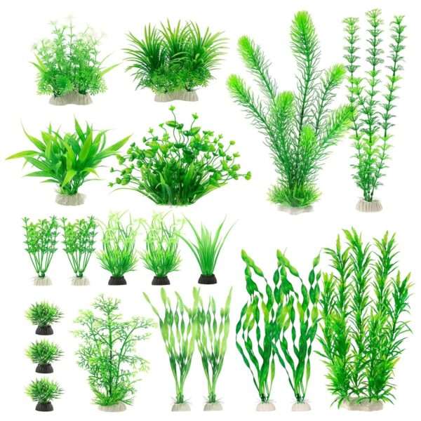 Kit de 20 plantas artificiales verdes (5 a 30 cm) con base de cerámica para acuarios grandes.