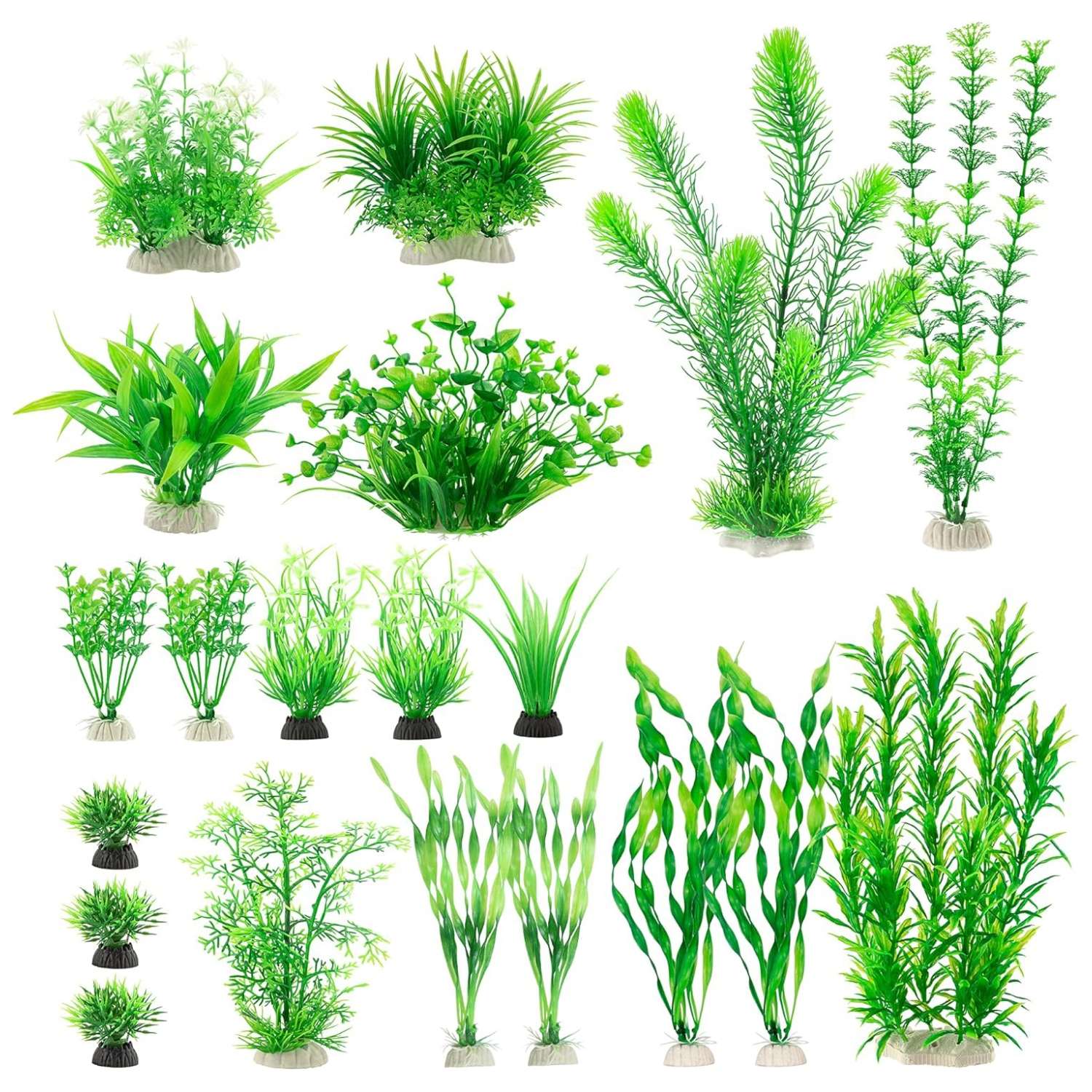 Kit de 20 plantas artificiales verdes (5 a 30 cm) con base de cerámica para acuarios grandes.