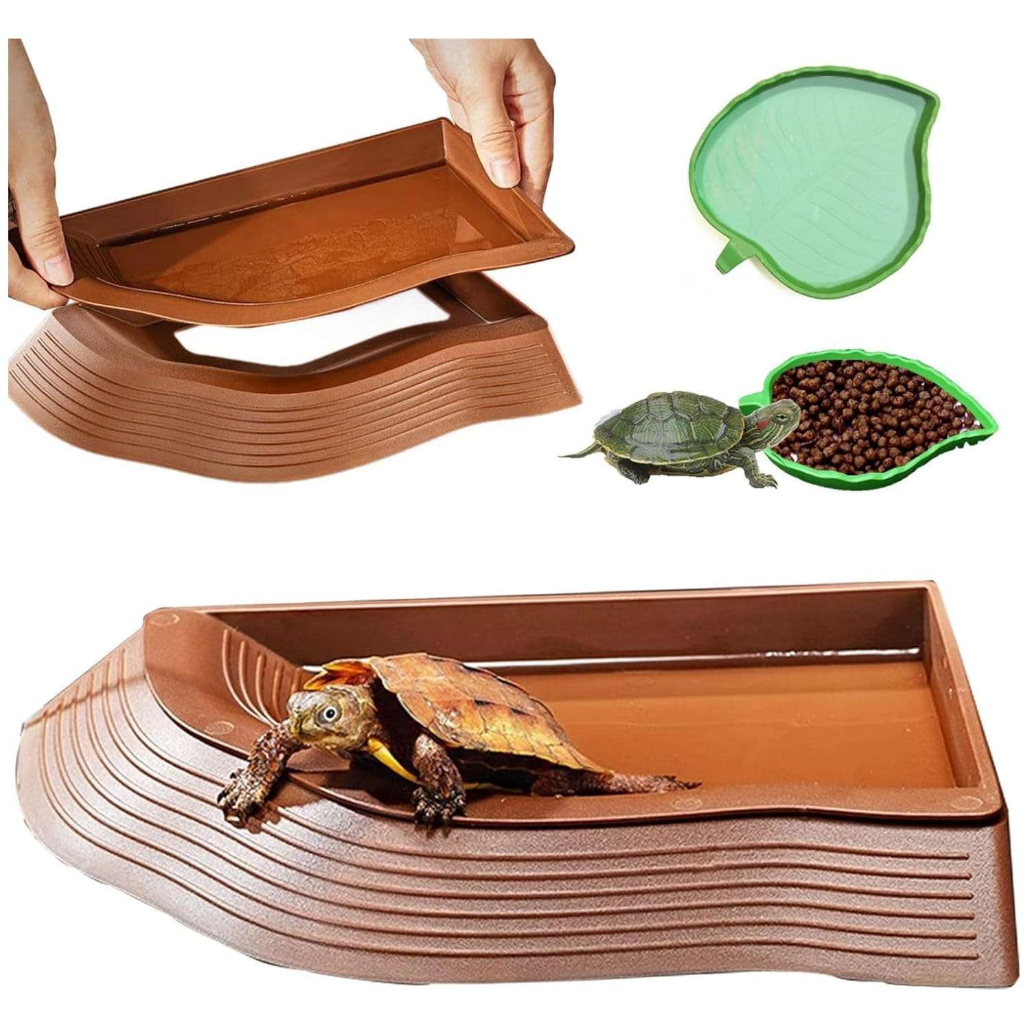 Kit de 3 platos de ABS para tortugas, incluyendo piscina de remojo desmontable con rampa antideslizante y dos comederos hoja.