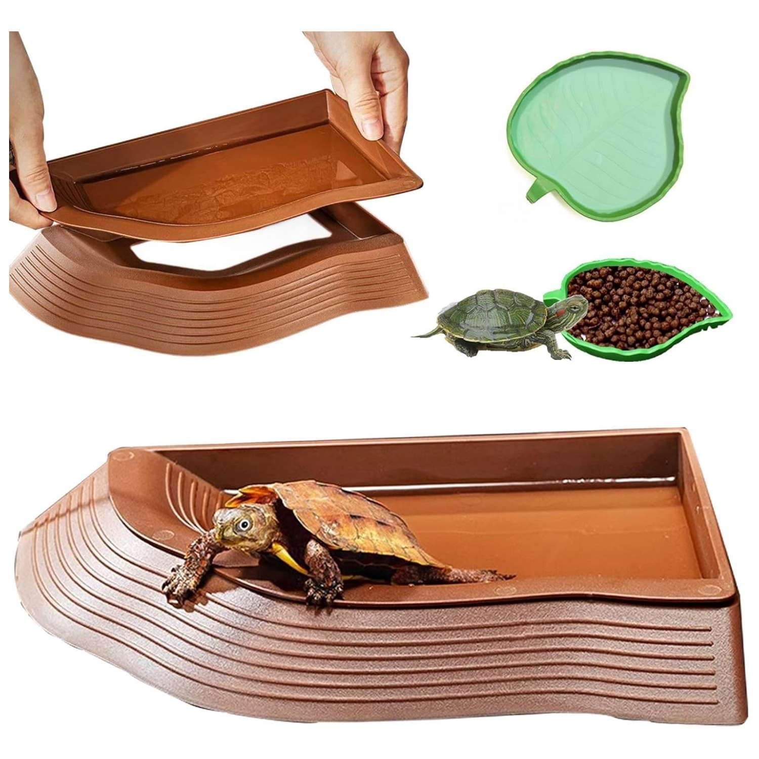 Kit de 3 platos de ABS para tortugas, incluyendo piscina de remojo desmontable con rampa antideslizante y dos comederos hoja.